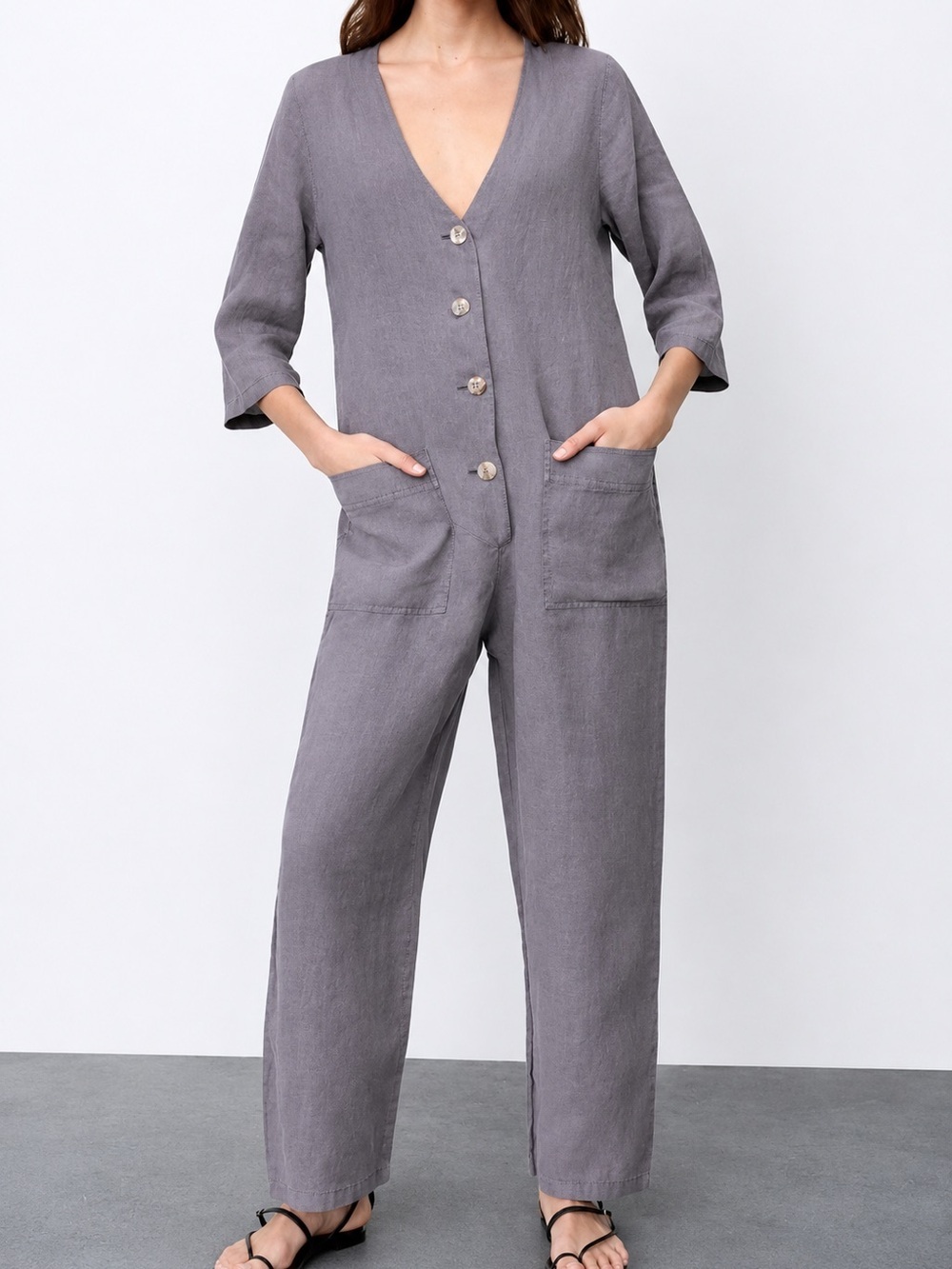 Zara 100% linen grey jumpsuit, small